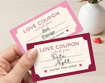 Printable Love Coupons Template | Valentines Day Gift | Romantic Date Night Coupon Book | Custom Anniversary Gift for Him or Her