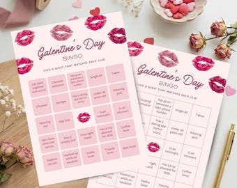 Galentines Gast Bingo Spiel | Girls Night Party Spiel | Kuss Motiv | Bearbeitbare Galentines Day Bingo Karten
