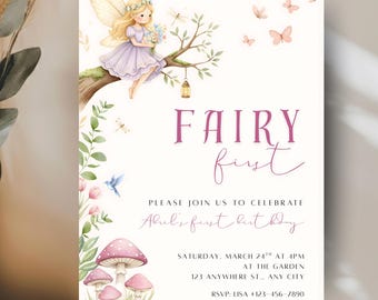 Fee erste Geburtstagseinladung | Druckbare Fee Geburtstag einladen | Bearbeitbare Canva 1st Birthday Invite
