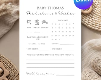 Baby Shower Predictions and Wishes Template | Canva Editable Template | Printable Baby Shower Game | Minimalist Baby Shower Card