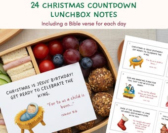 Christmas Lunchbox Notes – 24-Day Countdown | Printable Bible Scripture Cards for Kids | Digital Download