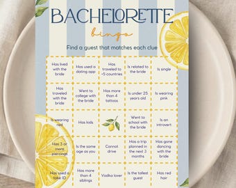 Bachelorette Gast Bingo Spiel | Amalfiküste Stil mediterranes Zitronen-Thema | Girls Night Party Spiel | Brautparty-Bingo