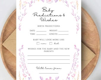 Babypartyvorhersagen und Wünsche Karte | Druckbereites PDF | Druckbares Baby Party Spiel | Blumen-Baby-Dusche-Karte