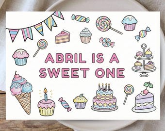 Custom Name Birthday Coloring Page | Sweet One Candy Theme | Printable Birthday Party Activity | Personalized Name | Editable Canva Template