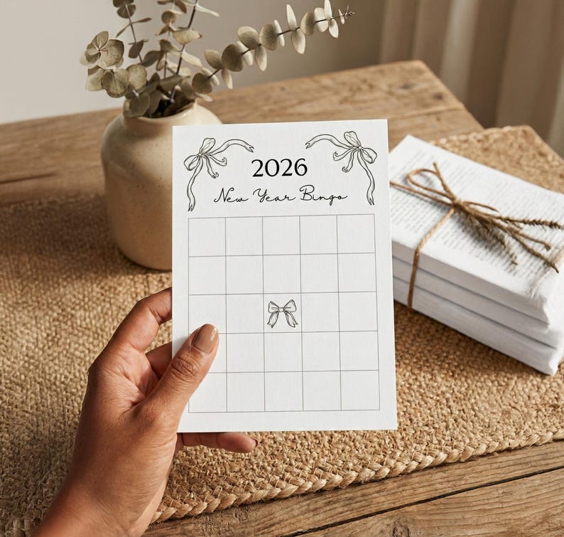 Puede incluir: Una tarjeta de bingo de A&ntilde;o Nuevo 2026 blanca con una cuadr&iacute;cula, sostenida por una mano. La tarjeta presenta ilustraciones de lazos y texto. Un jarr&oacute;n con vegetaci&oacute;n y una pila de libros atados con hilo est&aacute;n en el fondo.
