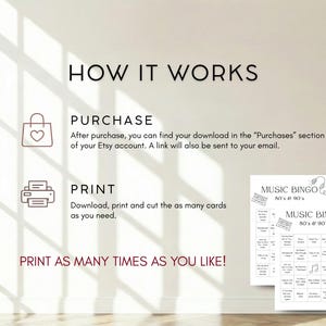 May include: A beige graphic with instructions on how to purchase and print a digital download. Two "Music Bingo" cards are displayed, themed around 80s & 90s music. The text "PRINT AS MANY TIMES AS YOU LIKE!" is also visible on the graphic.