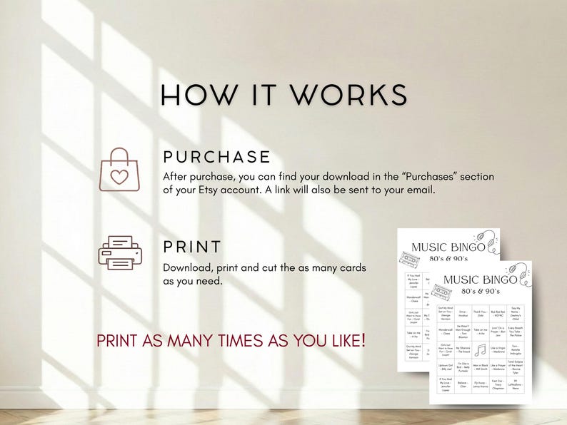 May include: A beige graphic with instructions on how to purchase and print a digital download. Two "Music Bingo" cards are displayed, themed around 80s & 90s music. The text "PRINT AS MANY TIMES AS YOU LIKE!" is also visible on the graphic.