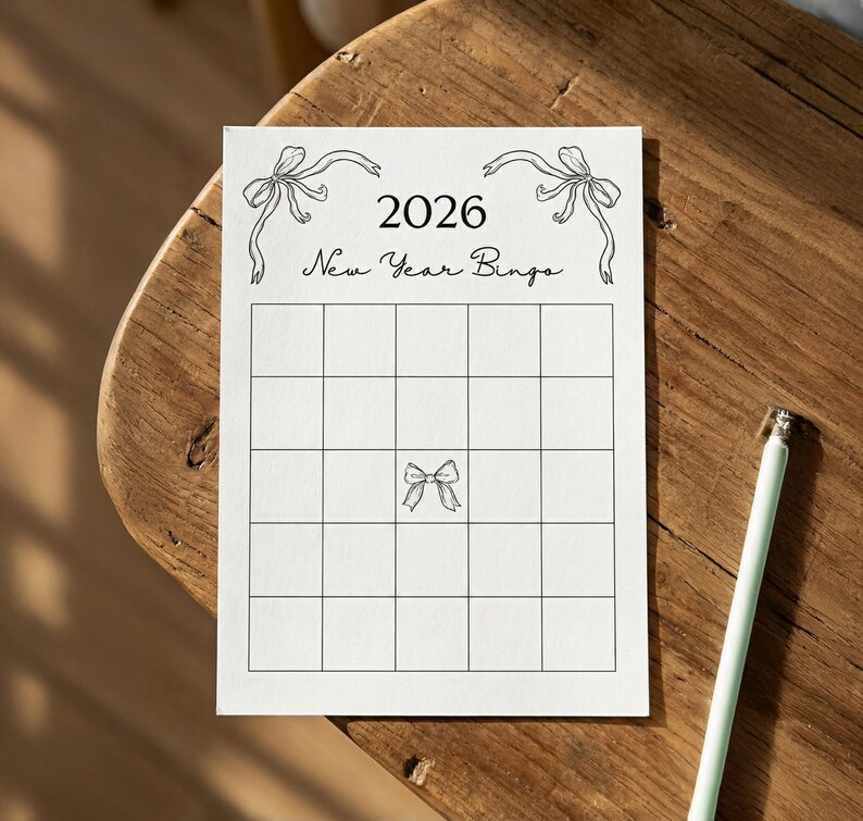 Puede incluir: Una tarjeta de bingo de A&ntilde;o Nuevo blanca con una cuadr&iacute;cula de cuadrados, con el a&ntilde;o 2026 y el texto "New Year Bingo". Ilustraciones de lazos decorativos en la parte superior y central. Un l&aacute;piz verde claro descansa sobre la superficie de madera.