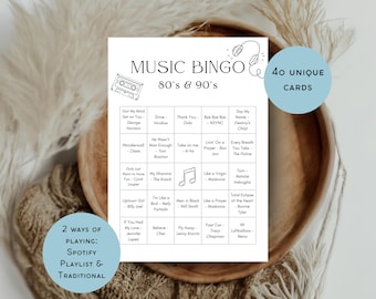 Musik Bingo Karten | 80er und 90er Jahre Musik Bingo Spiel | Druckfertige 40 Einzigartige Karten