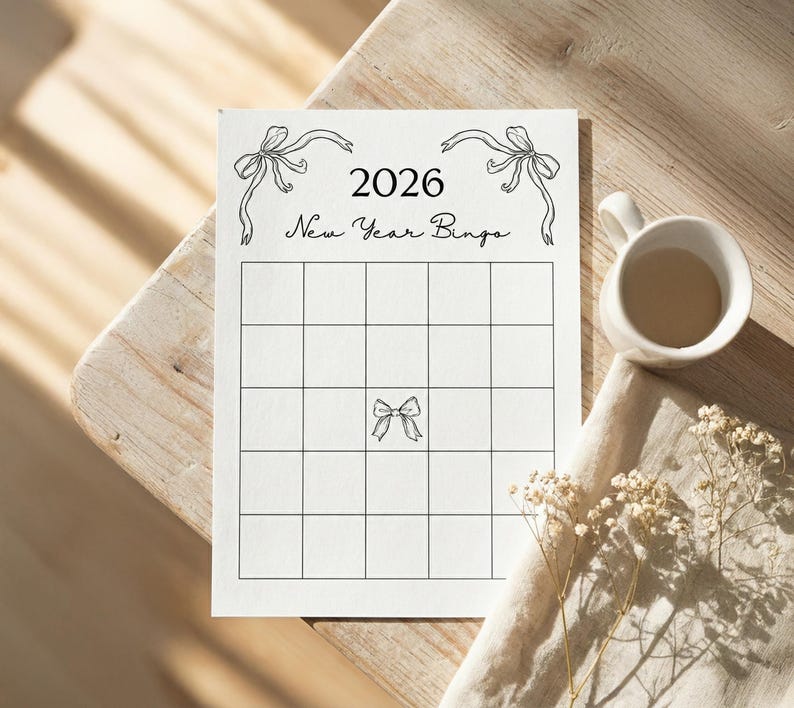 Puede incluir: Una tarjeta de bingo de A&ntilde;o Nuevo blanca para 2026 con una cuadr&iacute;cula de casillas, lazos decorativos y las palabras "New Year Bingo" en una fuente de escritura. Una taza blanca y flores secas est&aacute;n al lado de la tarjeta sobre una mesa de madera.
