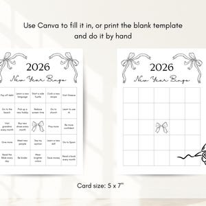 Puede incluir: Dos tarjetas de bingo de A&ntilde;o Nuevo para 2026 con dise&ntilde;o de lazo. Una tarjeta est&aacute; llena de objetivos como "Aprender un nuevo idioma" y "Visitar Grecia". La otra est&aacute; en blanco. El texto dice: "Usa Canva para rellenarlo, o imprime la plantilla en blanco y hazlo a mano." Tama&ntilde;o de la tarjeta: 12,7 x 17,8 cm.