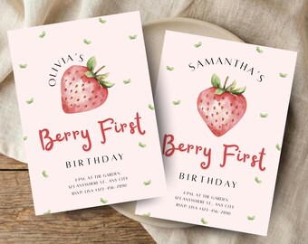 Beere Erste Geburtstagseinladung | Einladungskarte zum ersten Geburtstag Erdbeere | Bearbeitbare Canva Berry 1st Birthday Invite