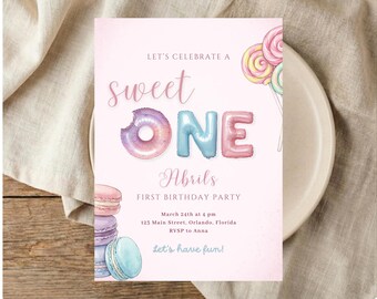 Erste Geburtstagsfeier einladen | Süße Geburtstagseinladung | Candy Theme Party (bearbeitbare Canva-Vorlage)