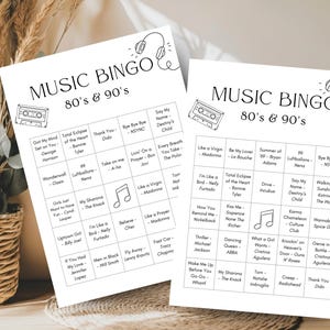 May include: Two white Music Bingo game sheets featuring 80s & 90s music hits. The top of each sheet has the words "Music Bingo" and "80's & 90's" with a cassette tape and headphone graphic. Each sheet has a grid of song titles.
