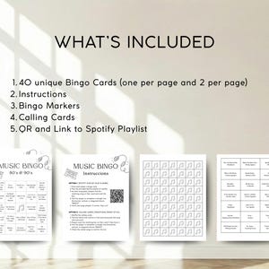 May include: Music Bingo game set featuring 40 unique bingo cards, instructions, bingo markers, calling cards, and a Spotify playlist link. The game is themed around 80s and 90s music, with the text "MUSIC BINGO 80's & 90's".