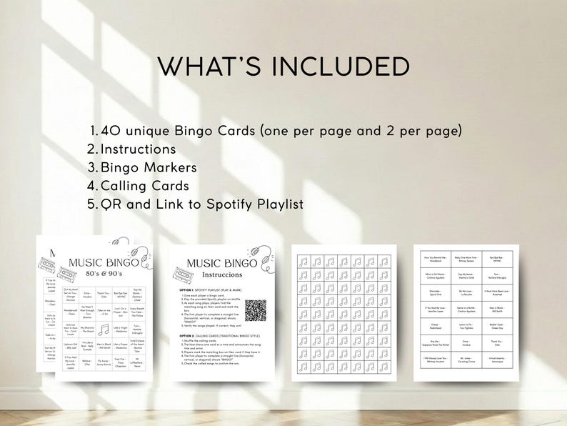 May include: Music Bingo game set featuring 40 unique bingo cards, instructions, bingo markers, calling cards, and a Spotify playlist link. The game is themed around 80s and 90s music, with the text "MUSIC BINGO 80's & 90's".
