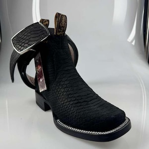 Black Python Cowboy Boots Square Toe by La Sierra + Matching Belt – Exotic Western Style