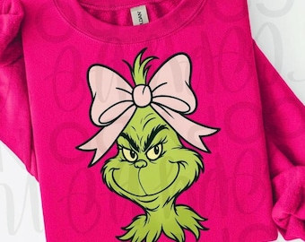 Chica Grinch linda PNG • Sublimación de Grinch con lazo rosa • PNG navideño preppy • Diseño de camiseta navideña de moda • Clipart de cara de Grinch