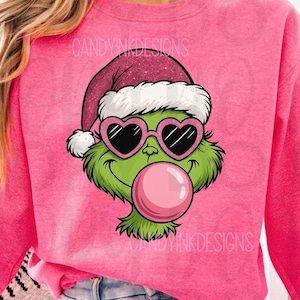 Bubblegum Grinch Girl PNG, Pink Santa Hat Heart Sunglasses, Cute Green Christmas Clipart, Sublimation Design for Shirts & Tumblers, DTf png