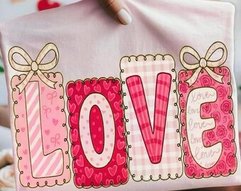 LOVE Valentine PNG | Preppy Pink Patchwork Letters Clipart (Digital Download)