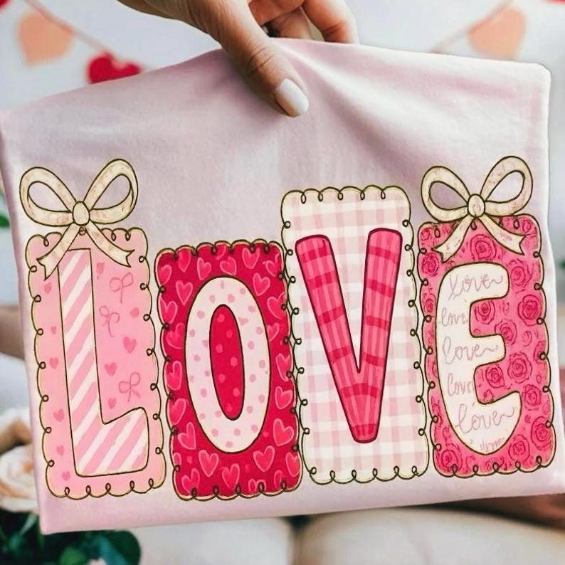 May include: A light pink t-shirt with the word "LOVE" in a decorative font. The letters are in pink and red patterns, including stripes, hearts, and gingham. Each letter is framed with a scalloped edge and topped with a bow.