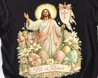 Vintage Jesus Easter PNG, He Is Risen Christian PNG, Preppy Easter Religious Design, Leopard Easter Eggs, Trendy Christian Sublimation File