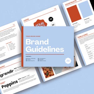 Könnte beinhalten: Eine Sammlung von Markenrichtlinien-Dokumenten auf hellblauem Hintergrund. Das zentrale Dokument zeigt "Brand Guidelines" in großer weißer Schrift. Andere Seiten zeigen Logos, Farbpaletten und Typografie-Beispiele. Die Dokumente haben rote und orangefarbene Akzente.
