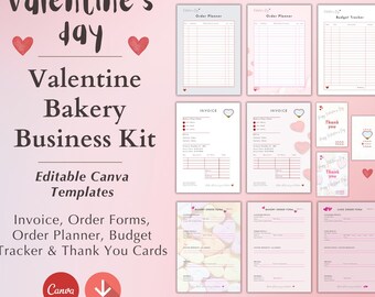 Kit de panadería para San Valentín / Plantillas editables de Canva / Facturas, formularios de pedido, seguimiento de presupuesto, tarjetas