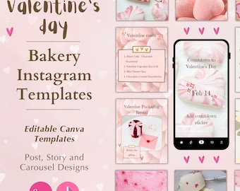 Plantillas de Instagram para San Valentín para panaderías / Publicaciones, carruseles e historias editables de Canva / Pastel, rosa