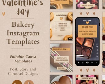 Plantillas de Instagram para San Valentín de panaderías / Publicaciones, carruseles e historias editables de Canva / Cabaña acogedora