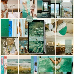 May include: A digital collage of travel-themed social media templates featuring beach scenes, swimming pools, and hotel interiors. A central smartphone displays the text MEMBERS ONLY FLASH DROP and Unlock now, surrounded by various lifestyle images.
