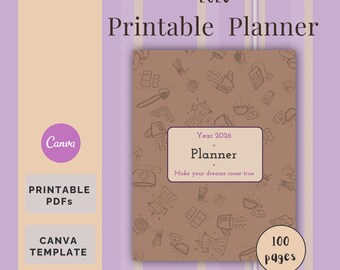 Planificador digital 2026 con diseños semanales y mensuales, tema "Café acogedor" (PDF imprimible + plantilla de Canva)