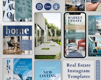 Plantillas de Instagram para el sector inmobiliario, publicaciones e historias editables para agentes inmobiliarios en redes sociales, descarga digital de Canva.