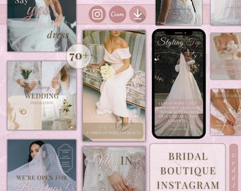 Plantillas de Instagram para boutiques nupciales, redes sociales para tiendas de vestidos de novia, marketing nupcial, descarga digital de Canva