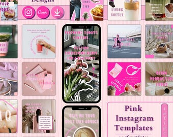 Plantillas rosas para Instagram, publicaciones editables para redes sociales, marketing de influencers en Instagram, descarga digital de Canva.