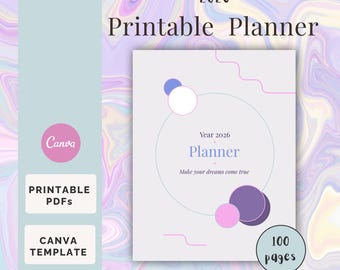 Planificador digital 2026 con diseños semanales y mensuales, minimalista en tonos pastel (PDF imprimible + plantilla de Canva)