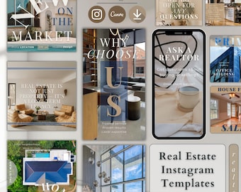 Plantillas de Instagram para el sector inmobiliario, plantillas editables para redes sociales de agentes inmobiliarios de lujo, descarga digital de Canva.