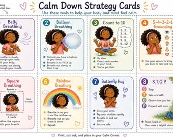 Calm down strategy cards, printable coping skills cards, Kids SEL classroom, instant download
