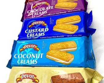 Galletas de crema pastelera Devon, paquete de 3, 140 g, bocadillos clásicos rellenos de crema, perfectos para la hora del té.