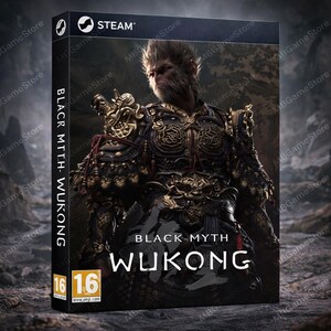 以下が含まれることがあります： 「Black Myth: Wukong」のビデオゲームボックス。金色の鎧を着た戦士の詳細なイラストが特徴です。ボックスにはSteamのロゴと「Black Myth Wukong」の文字があります。ゲームは16歳以上対象です。