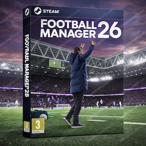 Puede incluir: Caja del juego Football Manager 26, con una escena de estadio y un entrenador celebrando. La caja incluye el logotipo de Steam y una clasificación PEGI 3. El título del juego está en letras blancas grandes.