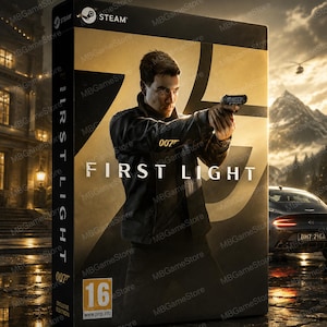 以下が含まれることがあります： 「FIRST LIGHT」というタイトルのビデオゲームの箱。男が銃を構えている。箱にはSteamのロゴと「007」のブランドが入っている。ゲームは16歳以上対象。背景には山と車が描かれている。