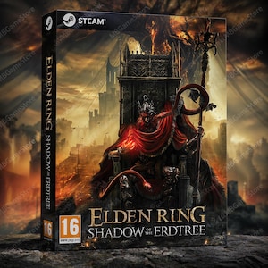 May include: Elden Ring: Shadow of the Erdtree video game box. The cover art features a figure in red robes seated on a throne, with a dark fantasy landscape backdrop. The Steam logo is visible.