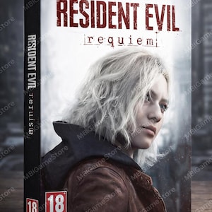 Könnte beinhalten: Videospielbox für "Resident Evil: Requiem" mit einer Frau mit weißen Haaren und einer braunen Jacke. Das Steam-Logo ist sichtbar. Die Box hat eine Altersfreigabe von 18.