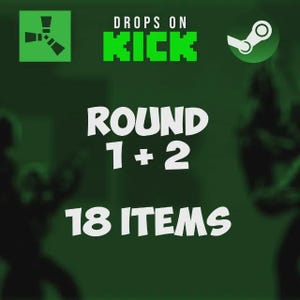 Könnte beinhalten: Grüne Grafik mit dem Text "DROPS ON KICK" in grünen Blockbuchstaben. Darunter stehen die Texte "ROUND 1+2" und "18 ITEMS" in weißer, stilisierter Schrift. Ein Steam-Logo befindet sich in der oberen rechten Ecke.