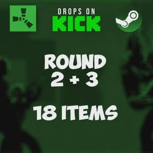 Puede incluir: Un anuncio gráfico de color verde oscuro con el texto DROPS ON KICK en verde brillante, con el texto blanco ROUND 2 + 3 y 18 ITEMS centrado debajo. La imagen incluye un logotipo del juego Rust y un logotipo de Steam en las esquinas.