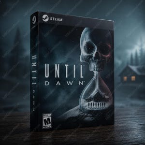 Peut inclure: Boîte de jeu vidéo "Until Dawn" avec un design de sablier en forme de crâne. La boîte est noire avec du texte blanc et le logo Steam. Le classement ESRB est visible.