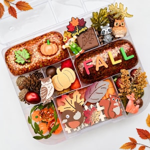May include: A clear plastic organizer box filled with autumn-themed sensory items including two rectangular blocks of orange glitter slime, one labeled with the word FALL, miniature figurines of an owl, raccoon, squirrel, fox, pumpkins, and leaves.