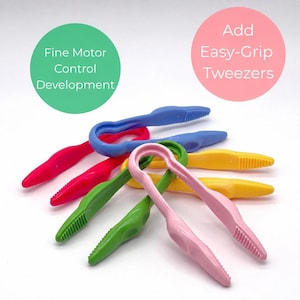 May include: A collection of plastic tweezers in blue, pink, green, and yellow, featuring textured tips for gripping. Two circular text overlays read: Fine Motor Control Development and Add Easy-Grip Tweezers. The tools are arranged in a fan shape.