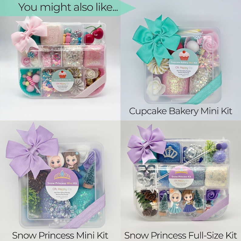 May include: Four clear plastic storage containers filled with themed craft supplies. Each box features a large fabric bow, small figurines, glitter, and decorative items. Labels read Cupcake Bakery Mini Kit, Snow Princess Mini Kit, and Snow Princess Full-Size Kit.
